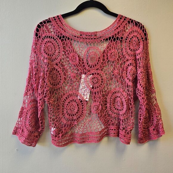 NWT Vintage Zashi Sea Coral Metallic Crochet Cardigan Y2K Cottage Fairy Gypsy Sw - Picture 2 of 10